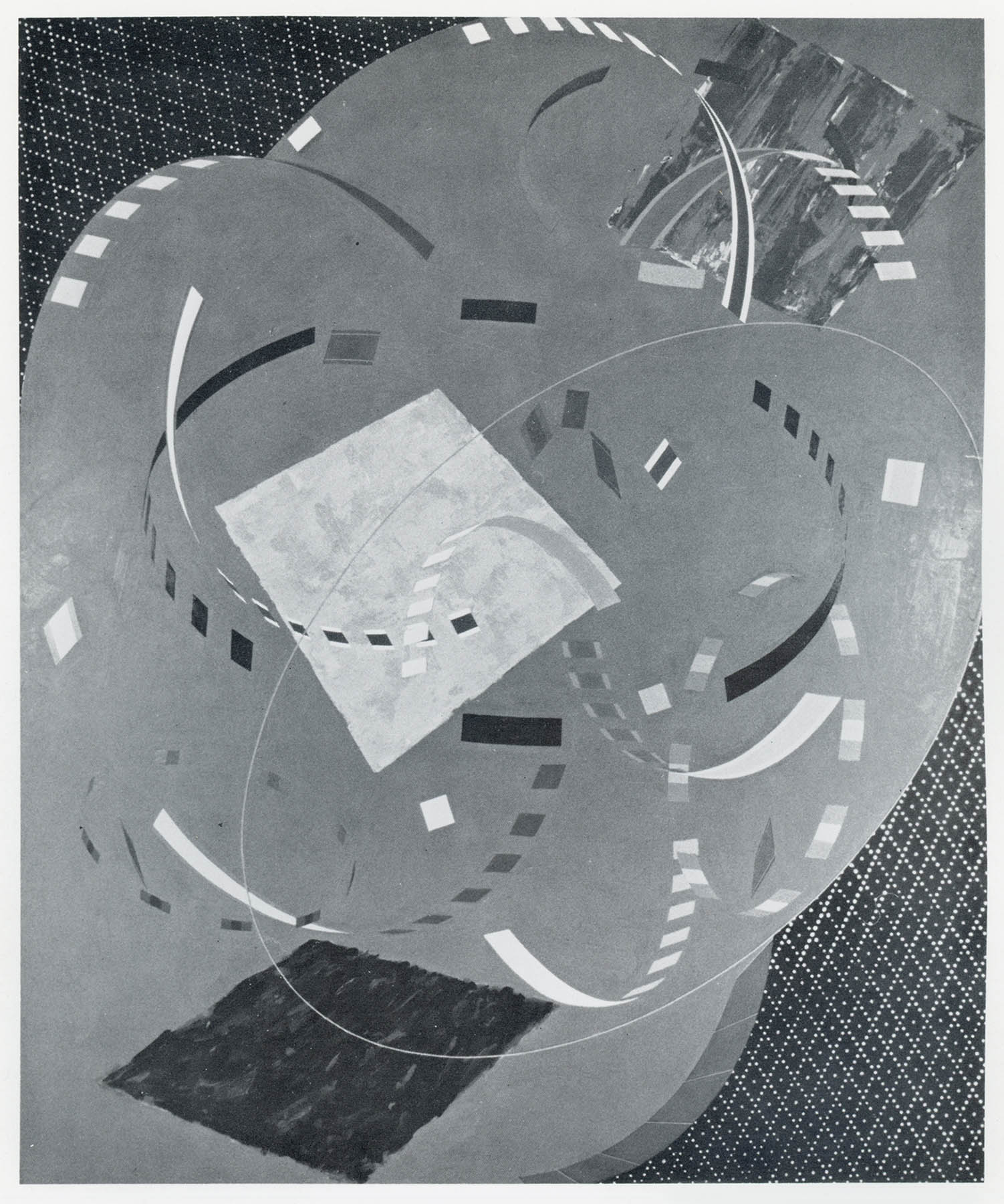 William Conlon, Conversation in a Rain Forest, 1983. Acrylic on canvas, 7 feet 2 inches by 6 feet. Overlapping circular forms, arcs, and dashed bands set against a gray ground with dotted corners and two tilted squares.
