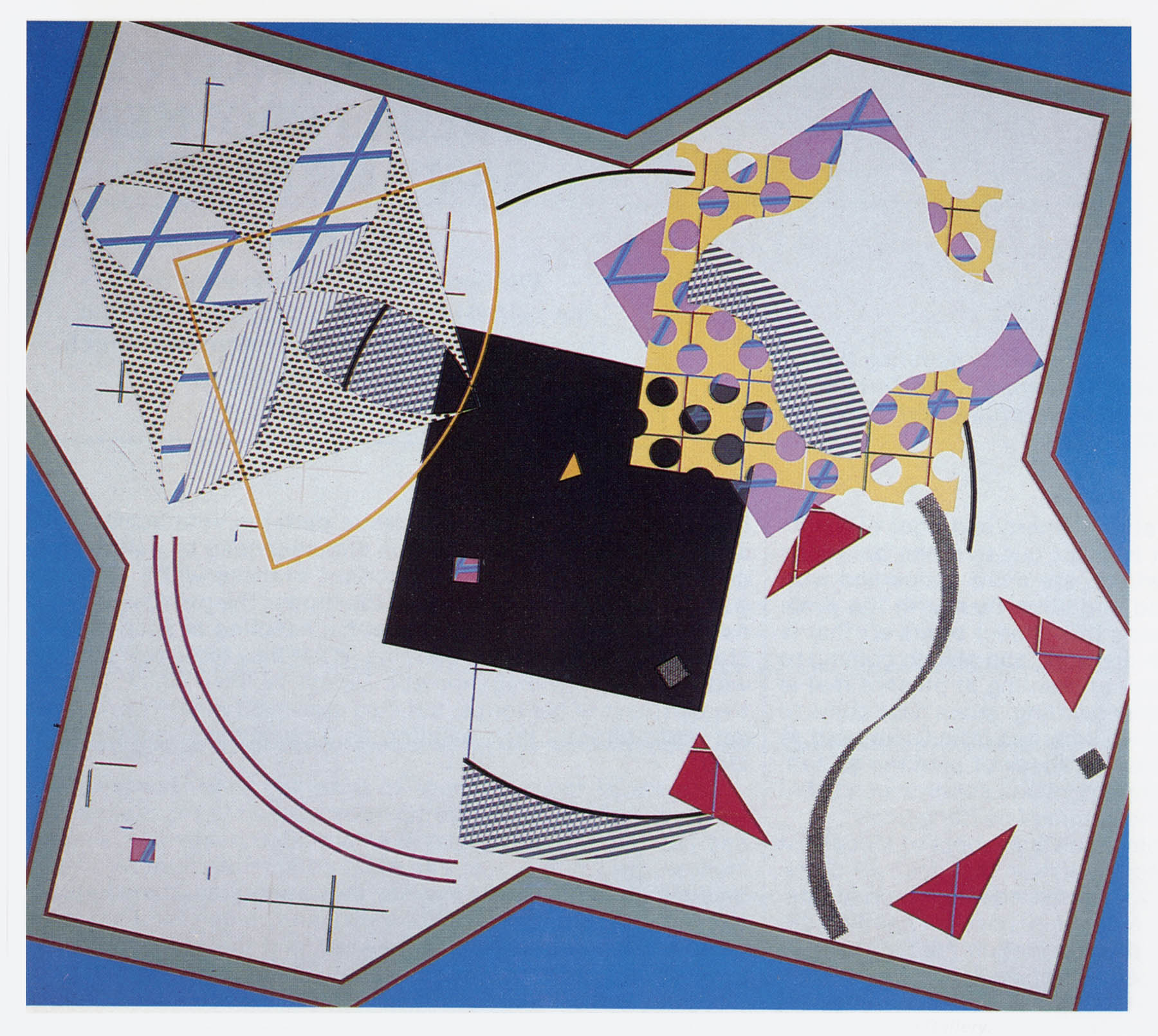William Conlon, The Blues Brothers: Sam, 1979. Acrylic on canvas, 64 x 72 inches. A predominantly white field with a central black square, surrounded by geometric forms, grids, arcs, and crimson triangles.