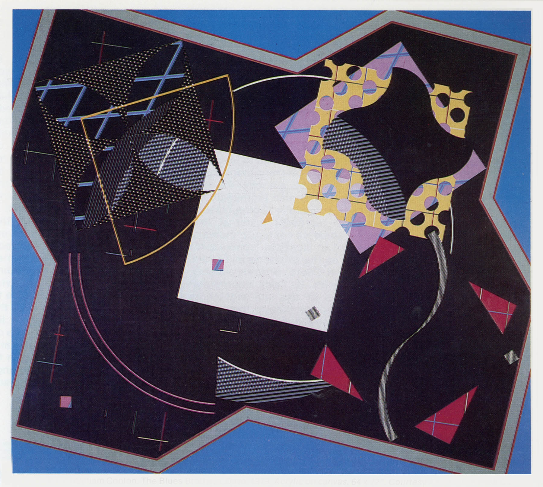 William Conlon, The Blues Brothers: Dave, 1979. Acrylic on canvas, 64 x 72 inches. A predominantly black field with a central white square, surrounded by the same geometric vocabulary as its companion panel rendered against a dark ground.