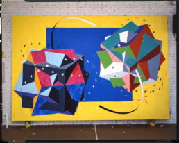 W.I.P. TWIN TRI-CUBE, 1992. Acrylic on Canvas. 8ft x 16ft (244 x 488 cm) - WILLIAM CONLON