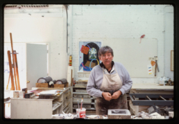 artist William Conlon working with master printer Bill Lagatutta on lithography prints at Peregrine Press, Dallas Texas, 1986
