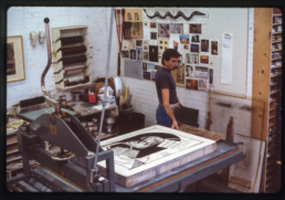 master printer Bill Lagatutta working on lithography prints for artist William Conlon. Peregrine Press, Dallas Texas, 1986