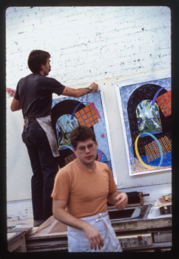 master printer Bill Lagatutta & assistant working on lithography prints for artist William Conlon. Peregrine Press, Dallas Texas, 1986