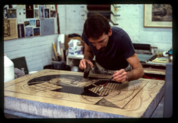 master printer Bill Lagatutta working on lithography prints for artist William Conlon. Peregrine Press, Dallas Texas, 1986