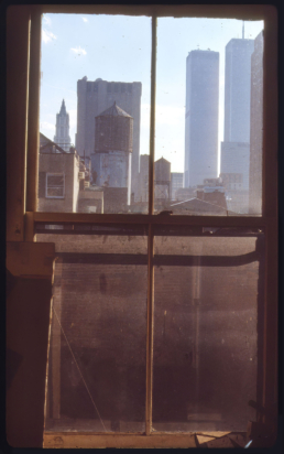 newly built AT&T 33 Thomas St. building (TITANPOINTE) and Twin Towers from back window of Broome Street Studio, late 1970s - WILLIAM CONLON